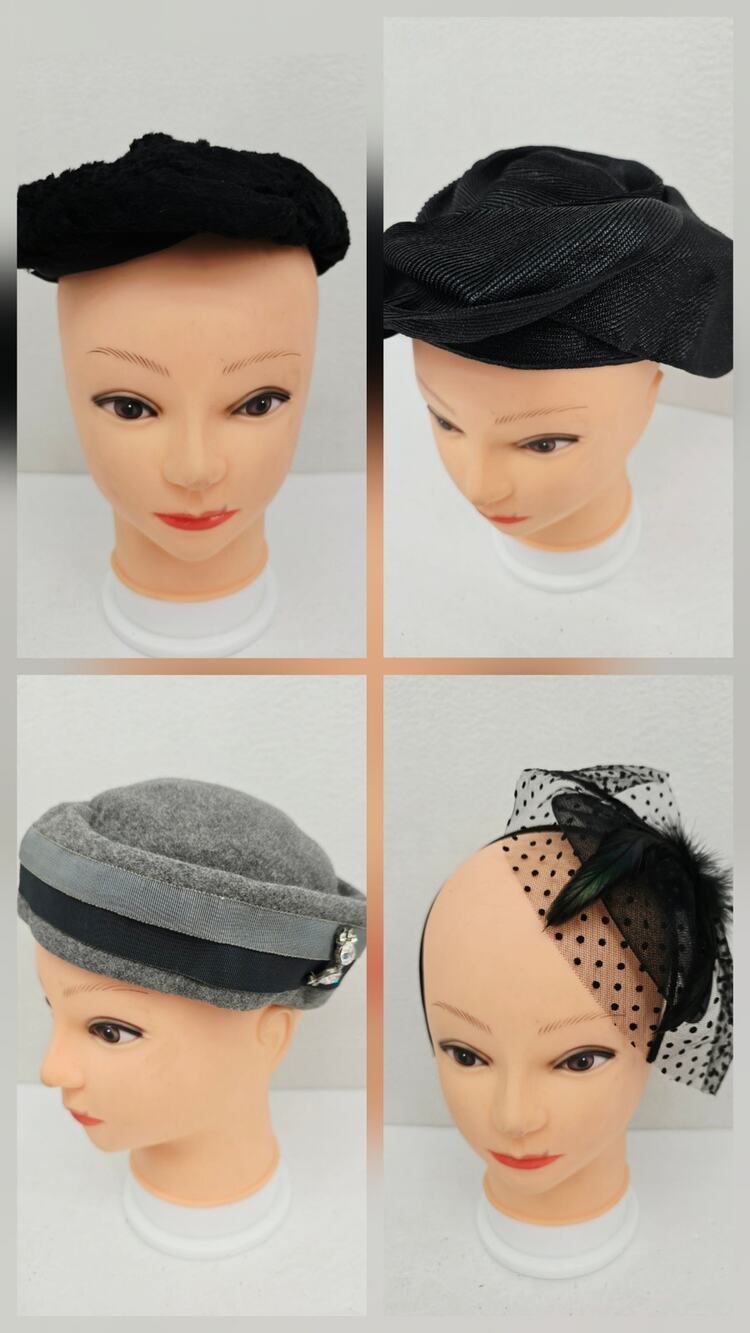 Vintage Hat Set of 4 Pillbox Women's Hats Black Gray